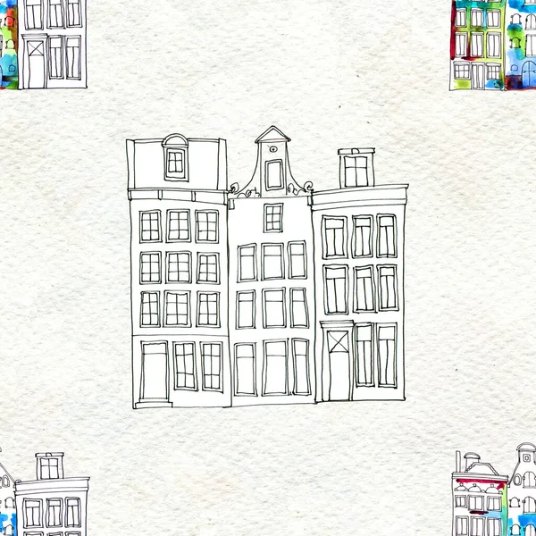 Seamless pattern eith watercolor Amsterdam houses