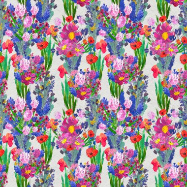 Çiçeklerle kusursuz desen. Suluboya ya da akrilik resim. El çizimi çiçek arkaplanı.