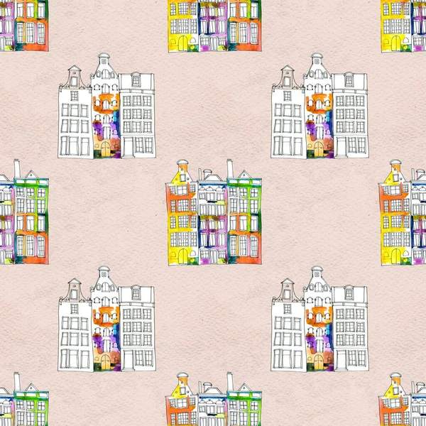 Seamless pattern eith watercolor Amsterdam houses