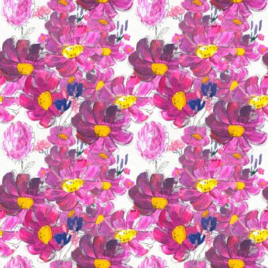 Çiçeklerle kusursuz desen. Suluboya ya da akrilik resim. El çizimi çiçek arkaplanı.