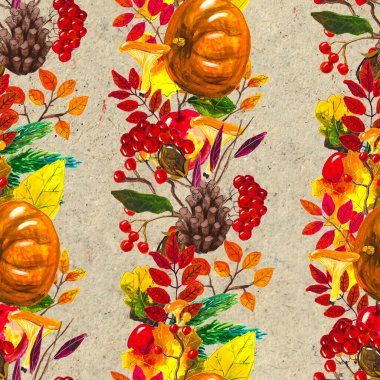 Sonbahar suluboya el, yapraklı, mantarlı ve kozalaklı kusursuz desenler çizdi.