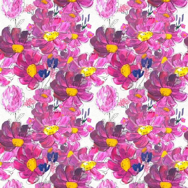 Seamless pattern with flowers. Watercolor or acrylic painting. Hand drawn floral background.