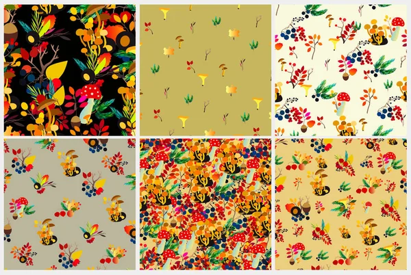 Autumn vector seamless pattern set with berries, acorns, pine cone, mushrooms, branches and leaves. — Stock Vector