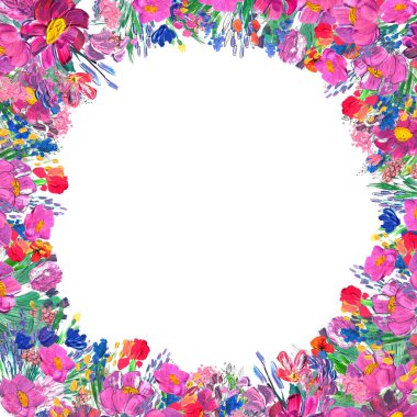 Elle boyanmış çiçekli kenar. Beyaz arkaplanda yaban mersinleri