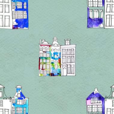 Kusursuz desenler suluboya Amsterdam evleri