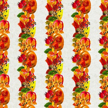 Sonbahar suluboya el, yapraklı, mantarlı ve kozalaklı kusursuz desenler çizdi.