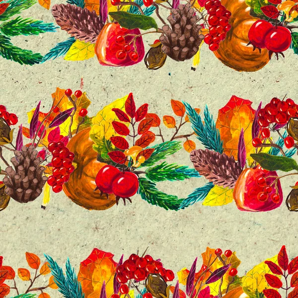 Осінь акварель рука намальована безшовним візерунком з листям грибів і соснових шишок — стокове фото