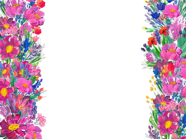 Handbeschilderde bloemrand. Wildrlowers op witte achtergrond — Stockfoto