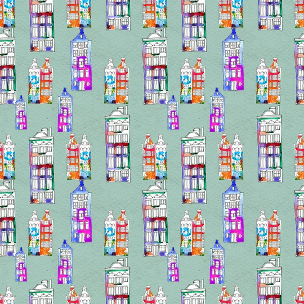Seamless pattern eith watercolor Amsterdam houses