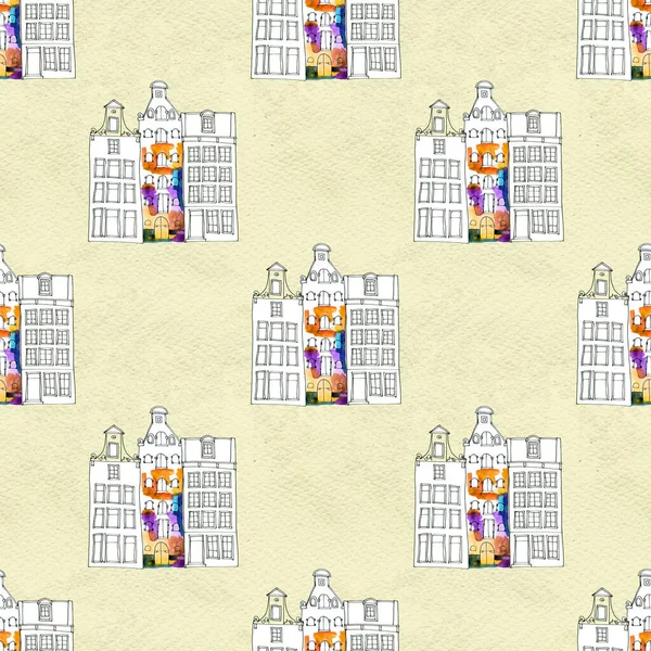 Seamless pattern eith watercolor Amsterdam houses
