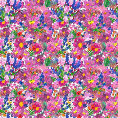 Çiçeklerle kusursuz desen. Suluboya ya da akrilik resim. El çizimi çiçek arkaplanı.