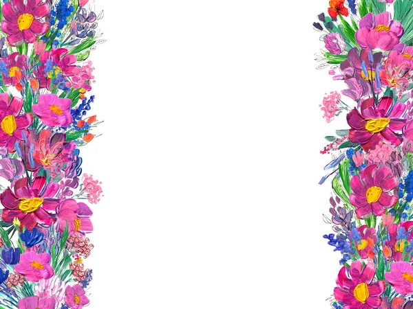 Handbeschilderde bloemrand. Wildrlowers op witte achtergrond — Stockfoto