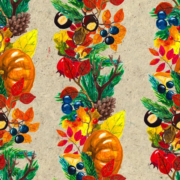 Autumn watercolor hand drawn seamless pattern with leaves mushrooms and pine cones — Stock Photo, Image