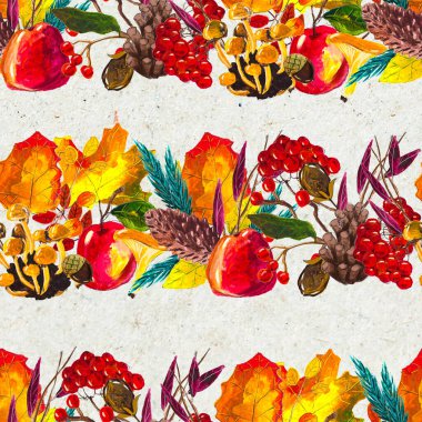 Sonbahar suluboya el, yapraklı, mantarlı ve kozalaklı kusursuz desenler çizdi.