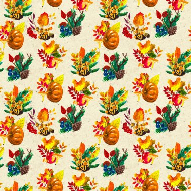 Sonbahar suluboya el, yapraklı, mantarlı ve kozalaklı kusursuz desenler çizdi.