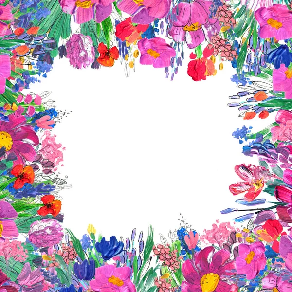 Elle boyanmış çiçekli kenar. Beyaz arkaplanda yaban mersinleri — Stok fotoğraf