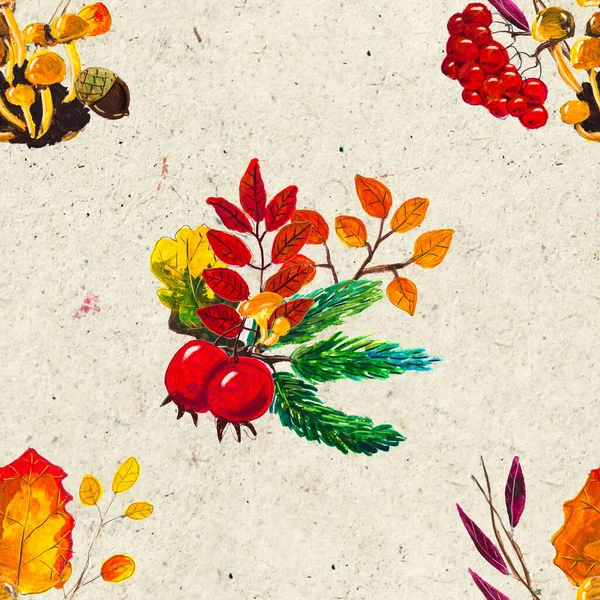 Sonbahar suluboya el, yapraklı, mantarlı ve kozalaklı kusursuz desenler çizdi. — Stok fotoğraf