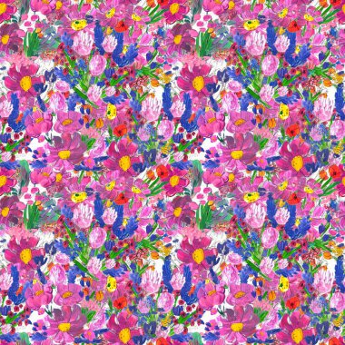 Çiçeklerle kusursuz desen. Suluboya ya da akrilik resim. El çizimi çiçek arkaplanı.