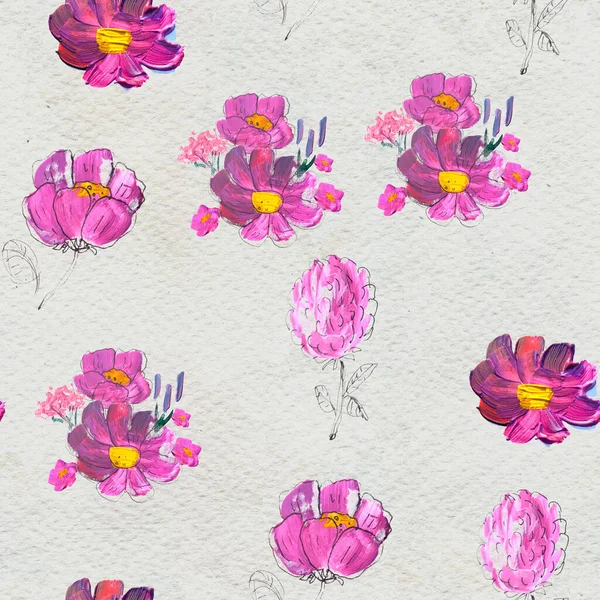 Bezešvé vzory s květinami. Akrylové nebo akrylové barvy. Ručně kreslené květinové pozadí. — Stock fotografie