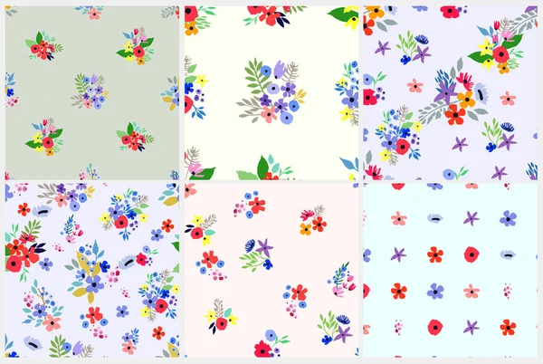 Conjunto de padrões sem costura. Design floral vetorial com flores silvestres. Coleção de fundo romântico — Vetor de Stock