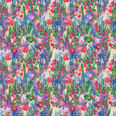 Çiçeklerle kusursuz desen. Suluboya ya da akrilik resim. El çizimi çiçek arkaplanı.