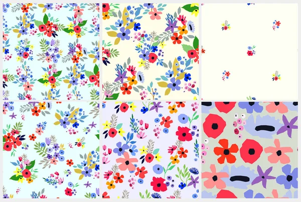 Seamless pattern set. Vector floral design with wildflowers. Romantic background collection — Stock Vector