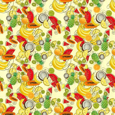 Muzlu, hindistan cevizli, ananaslı el çizimi desen. Kusursuz yaz arkaplanı.