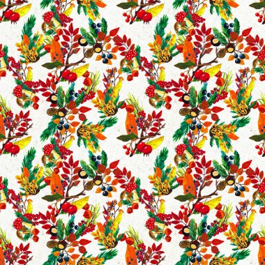 Sonbahar suluboya el, yapraklı, mantarlı ve kozalaklı kusursuz desenler çizdi.