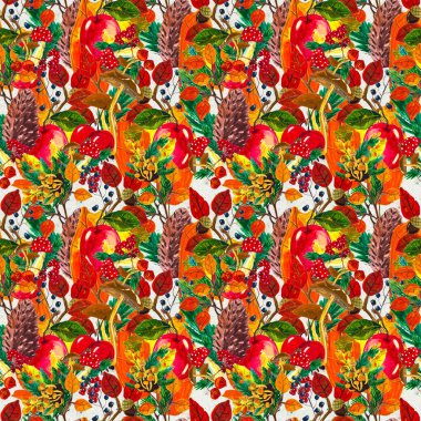 Sonbahar suluboya el, yapraklı, mantarlı ve kozalaklı kusursuz desenler çizdi.