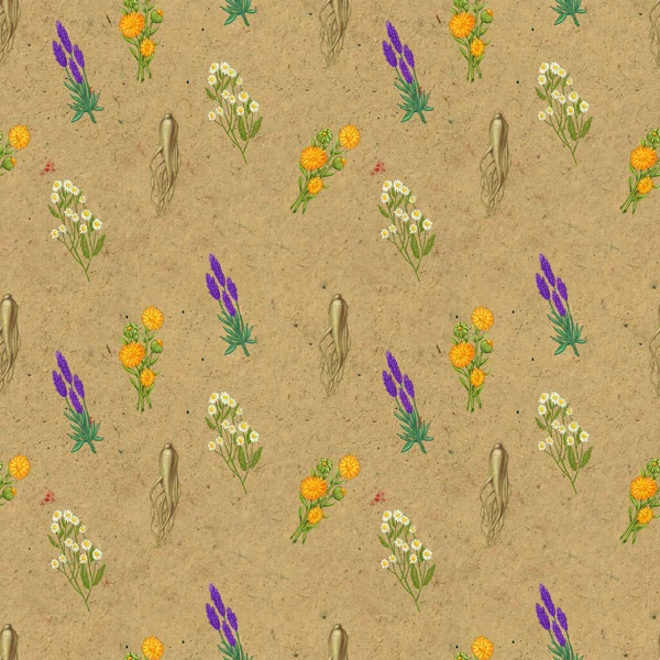 Handgezeichnete Heilpflanze nahtlose Muster. Heilkräuter auf Bastelpapier. — Stockfoto