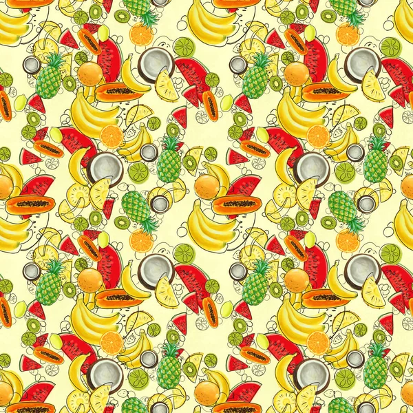 Modello disegnato a mano con banane, cocco, ananas. Sfondo senza soluzione di continuità estate. — Foto Stock