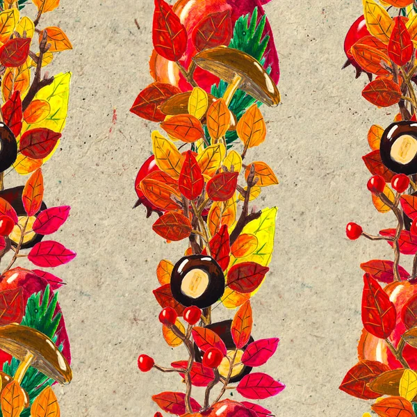 Осінь акварель рука намальована безшовним візерунком з листям грибів і соснових шишок — стокове фото