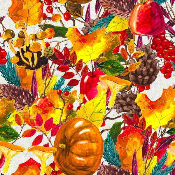 Sonbahar suluboya el, yapraklı, mantarlı ve kozalaklı kusursuz desenler çizdi. — Stok fotoğraf