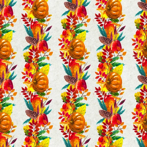 Φθινόπωρο ακουαρέλα χέρι σχεδιαστεί αδιάλειπτη μοτίβο με φύλλα μανιτάρια και κουκουνάρια — Φωτογραφία Αρχείου