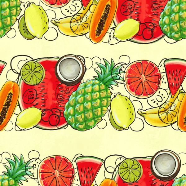 Hand drawn seamless pattern. Summer background with exotic fruits.
