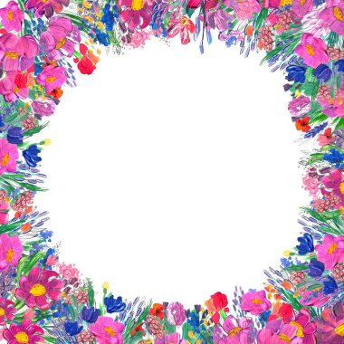 Elle boyanmış çiçekli kenar. Beyaz arkaplanda yaban mersinleri