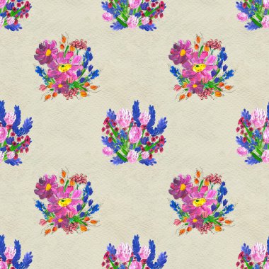 Çiçeklerle kusursuz desen. Suluboya ya da akrilik resim. El çizimi çiçek arkaplanı.