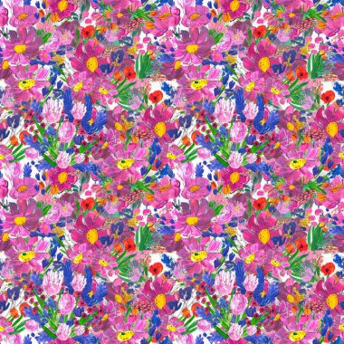 Çiçeklerle kusursuz desen. Suluboya ya da akrilik resim. El çizimi çiçek arkaplanı.