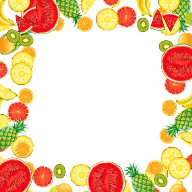 El çizimi egzotik meyve çerçevesi beyaz arkaplanda izole