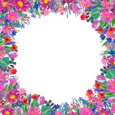 Elle boyanmış çiçekli kenar. Beyaz arkaplanda yaban mersinleri