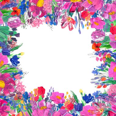 Elle boyanmış çiçekli kenar. Beyaz arkaplanda yaban mersinleri