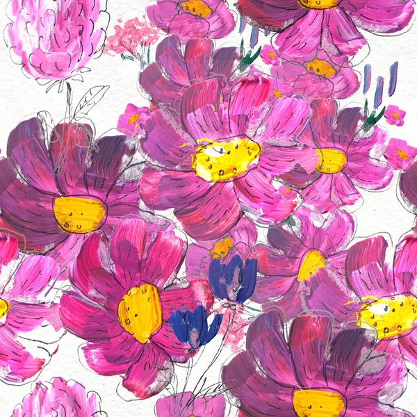 Çiçeklerle kusursuz desen. Suluboya ya da akrilik resim. El çizimi çiçek arkaplanı. — Stok fotoğraf