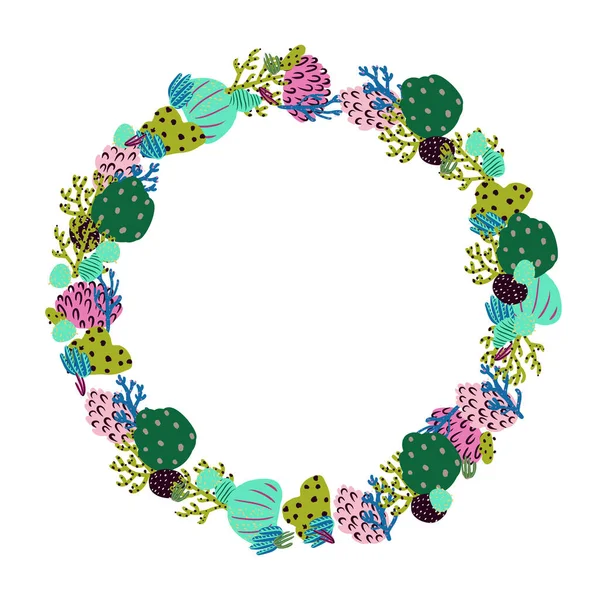Marco redondo abstracto hecho de flores, corales y ramas. Plantas marinas. Corona vectorial. — Archivo Imágenes Vectoriales