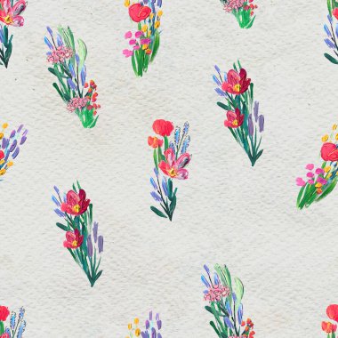 Çiçeklerle kusursuz desen. Suluboya ya da akrilik resim. El çizimi çiçek arkaplanı.