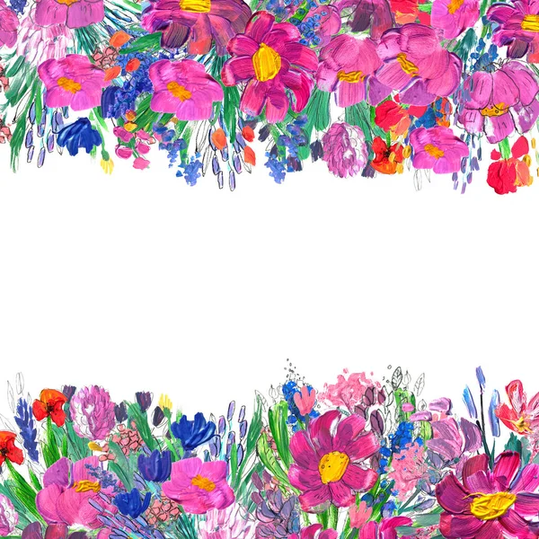 Handmålade blommiga gränsen. Wildrlowers på vit bakgrund — Stockfoto