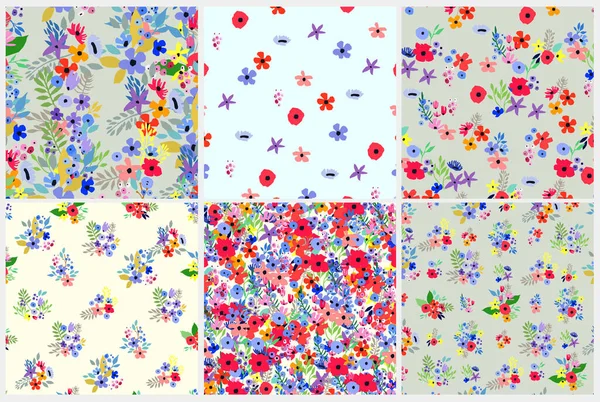 Seamless pattern set. Vector floral design with wildflowers. Romantic background collection — Stock Vector