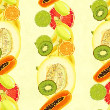 El çizimi pürüzsüz desen. Egzotik meyveli yaz arkaplanı.