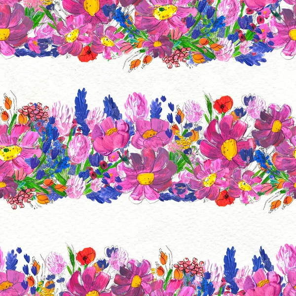 Modello senza cuciture con fiori. Acquerello o pittura acrilica. Sfondo floreale disegnato a mano. — Foto Stock