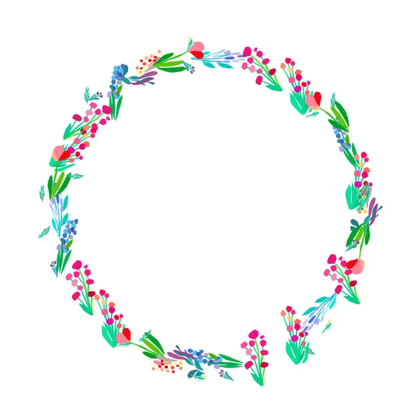 Corona floral sobre fondo blanco. Flores de primavera de colores brillantes. Plantilla de marco floral vector. — Archivo Imágenes Vectoriales