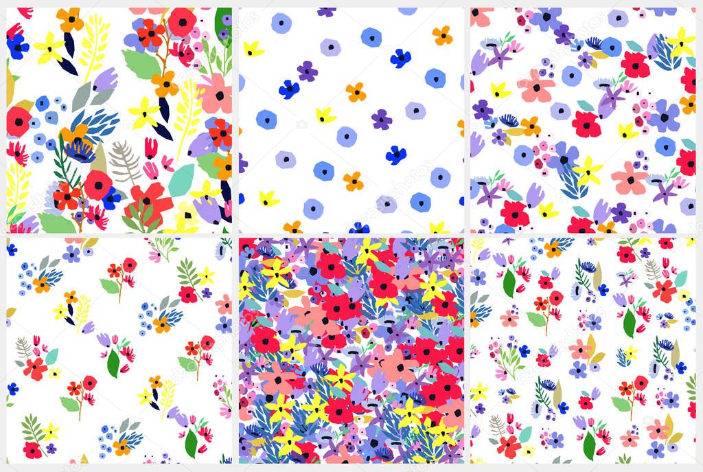 Seamless pattern set. Vector floral design with wildflowers. Romantic background collection